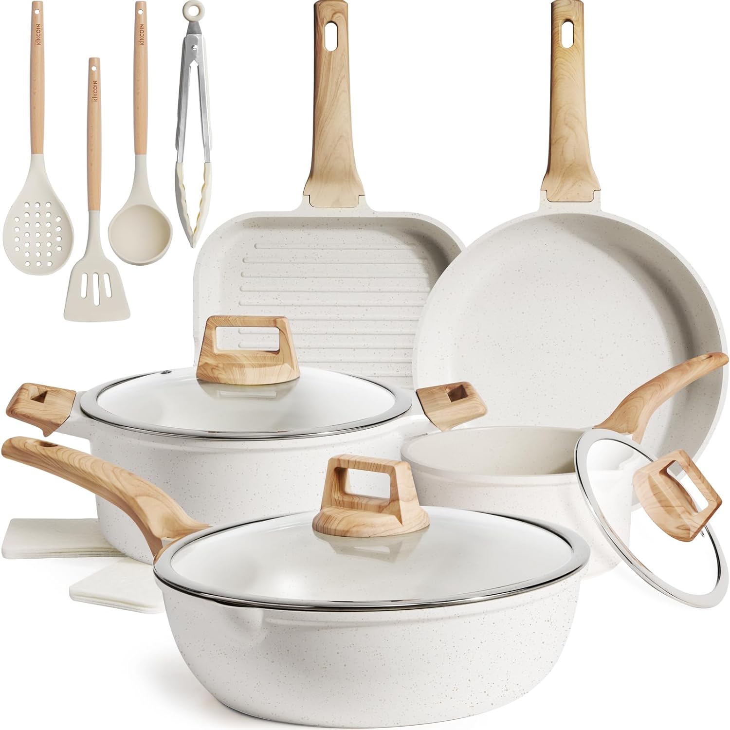 Kikcoin 16-Piece Ceramic Nonstick Pots & Pans Set – Includes 9.5" Grill Pan
