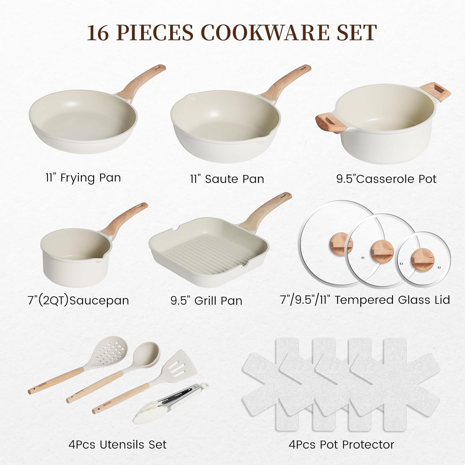 Kikcoin 16-Piece Ceramic Nonstick Pots & Pans Set – Includes 9.5" Grill Pan