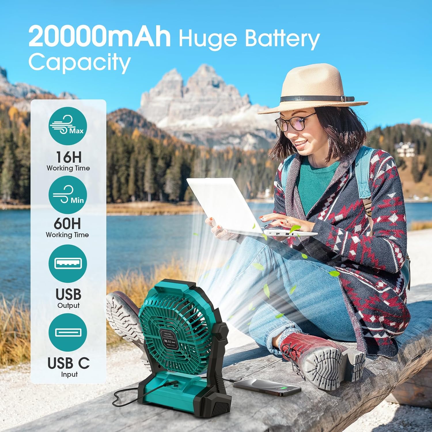 ONLYNEW Portable Rechargeable Fan with LED Lantern – 20000mAh Battery, USB-C