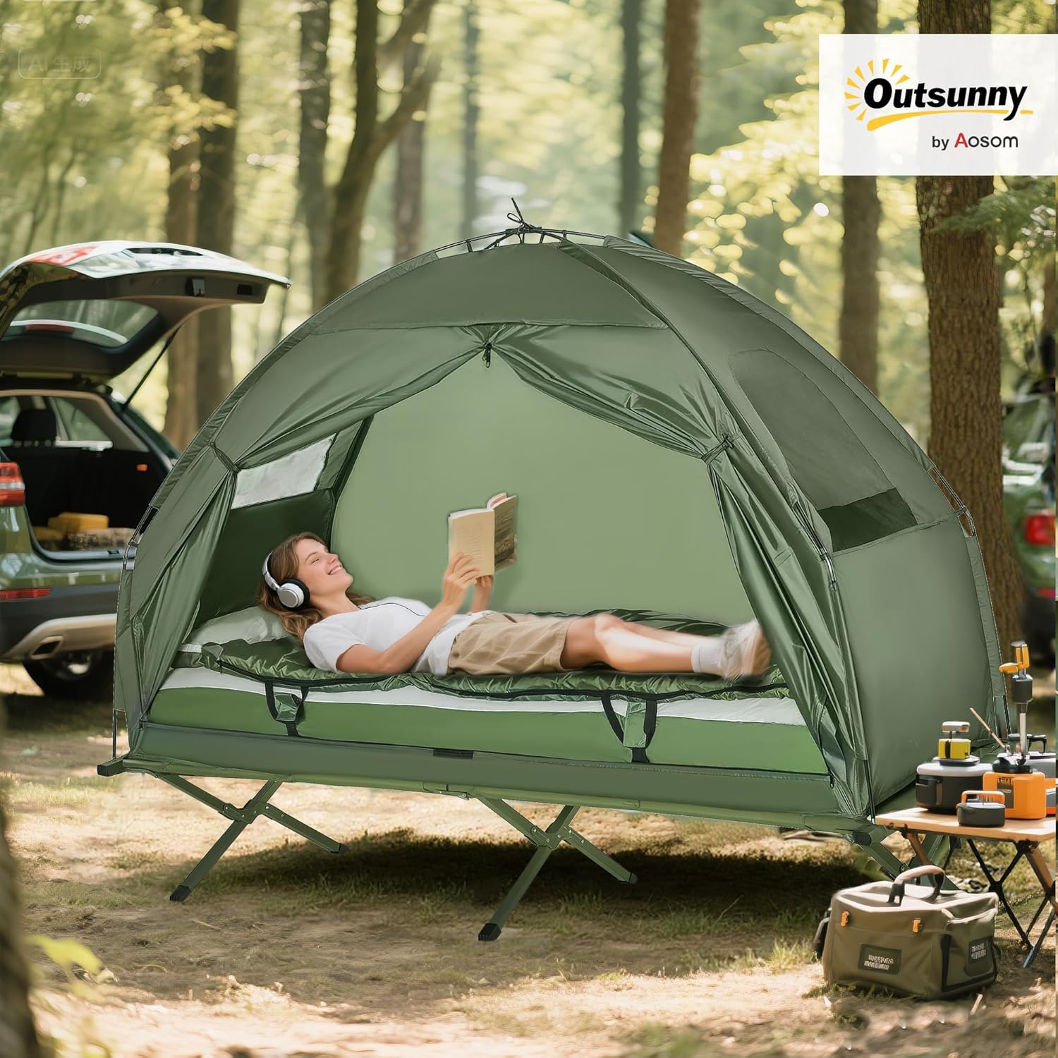 Outsunny 6-in-1 Camping Tent Cot Combo – Bed, Tent & Accessories Included